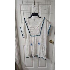 J.Crew White Gauze Fringe Trim Beach Tunic Cover-Up with Blue Tassels Size Small